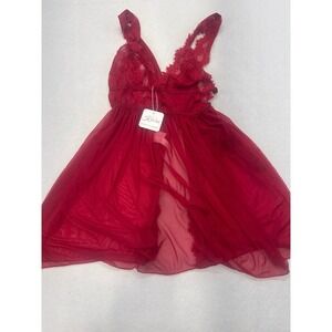 Kixies Red Lace Mesh Babydoll Chemise Lingerie Open Front L/XL NWT
